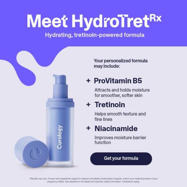 This square ad creative features a clear list of active ingredients like ProVitamin B5, Tretinoin, and Niacinamide against a branded purple background.